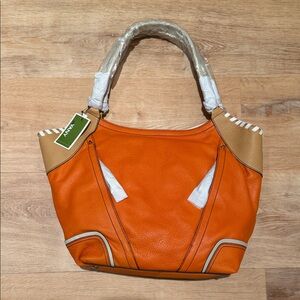 ORYANY Orange Leather Tote Bag with Tan Accents